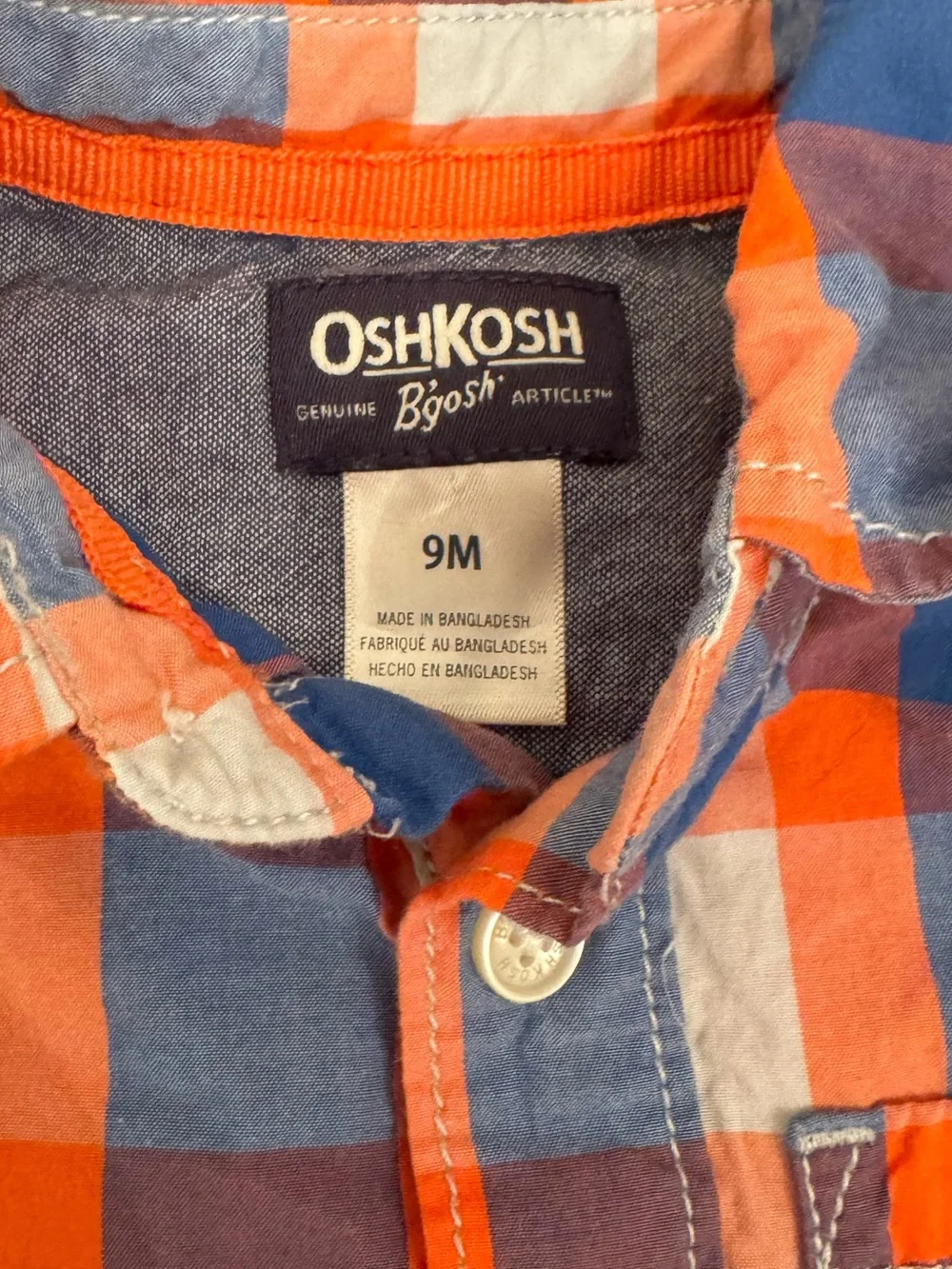 OshKosh B'gosh Orange/Red and Blue Plaid Button-Front Baby One-Piece